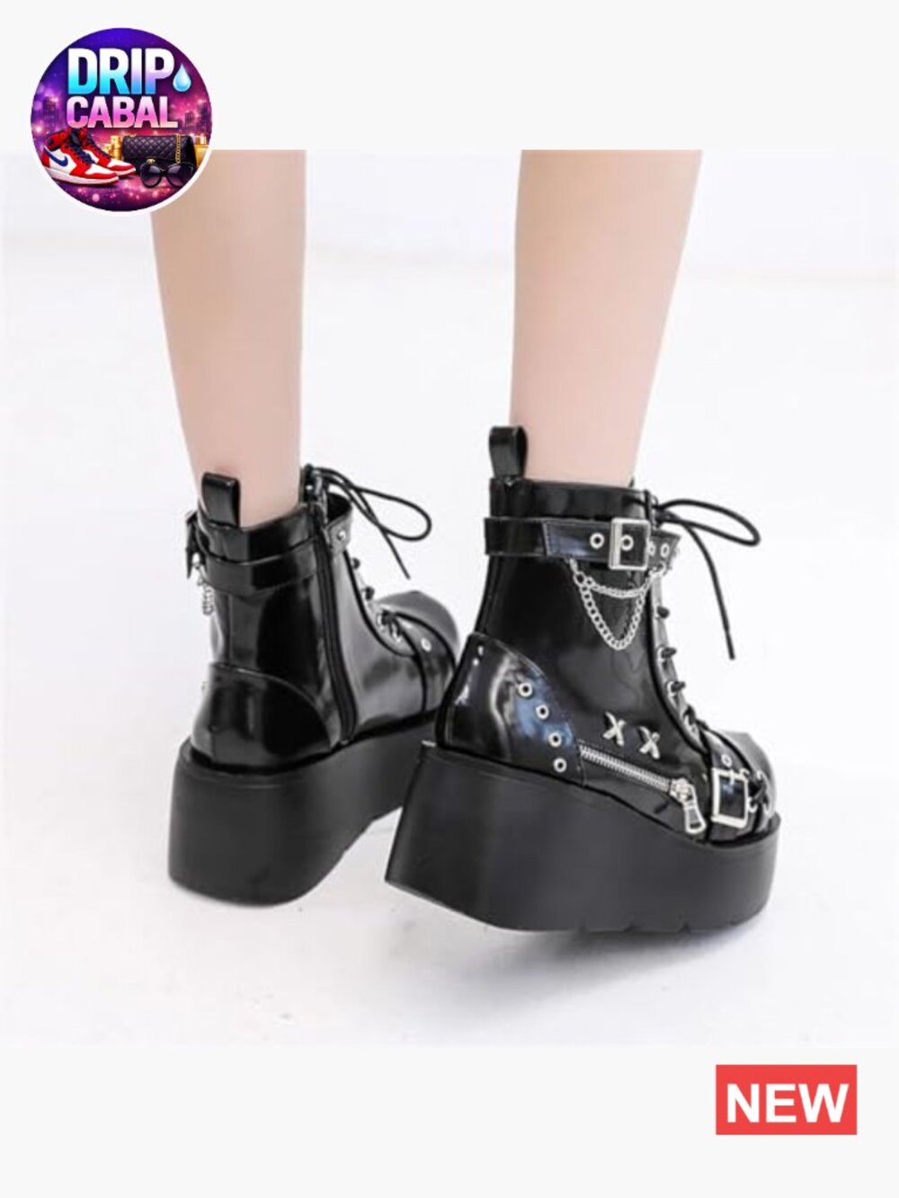Goth Platform Ankle Boots with Bat Wing Buckles Chunky Heels Round Toe Zipper - Picture 4 of 6